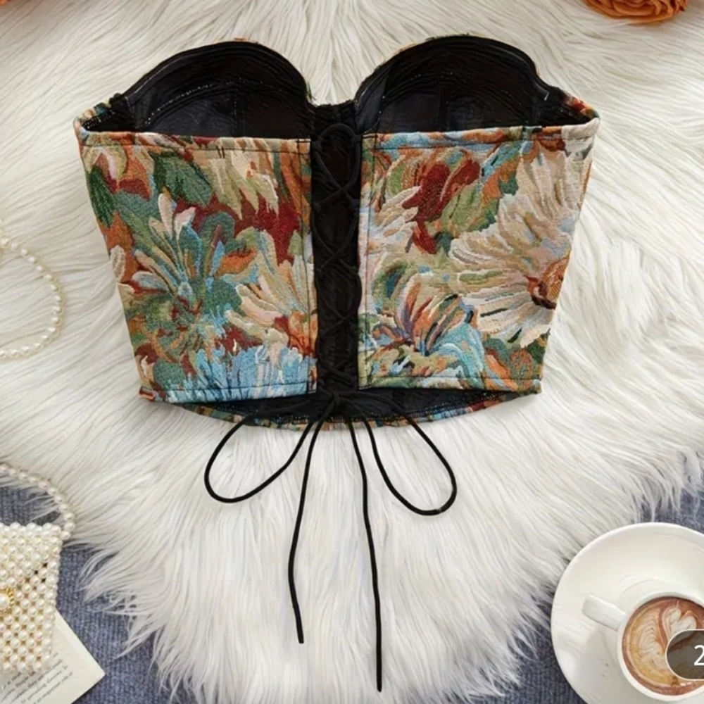 New Style French-Style Court Bandeau Tube Top with Colorful Chrysanthemum - Picture 5 of 5